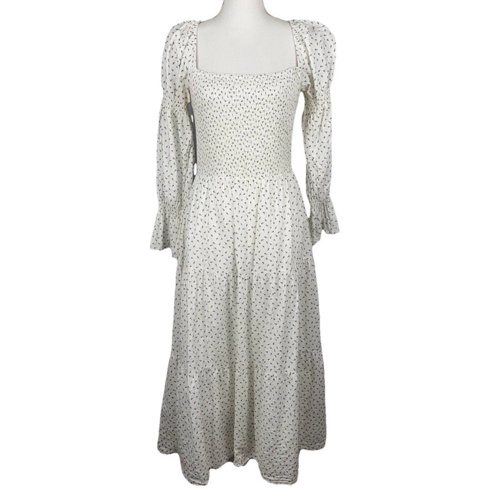 Lucy Paris Dress L White Blue Floral Milkmaid Cottagecore Gardencore Coquette